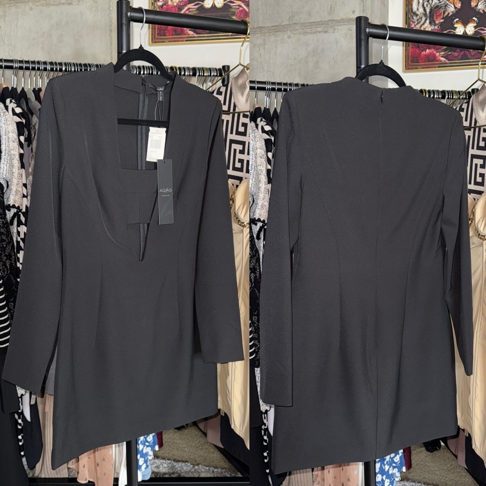 AQ/AQ Ola Mini Dress Style 130014 Black Deep V Long Sleeve Womens 8 New NWT